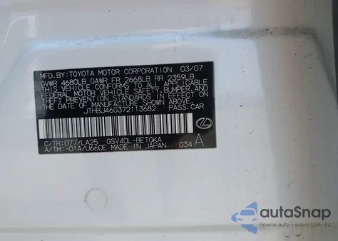 2007 Lexus Es 350 z USA, uszkodzony, nr VIN JTHBJ46G372113682